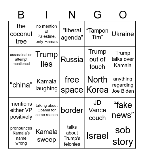 Presidential Debate Bingo Card