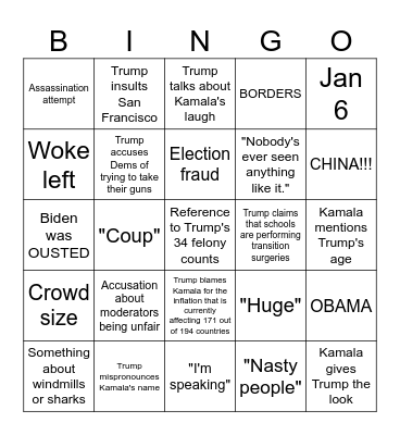 September 10th Kamala Harris vs Donald Trump presidential debate Bingo Card