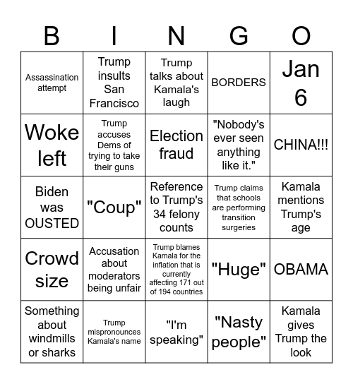 September 10th Kamala Harris vs Donald Trump presidential debate Bingo Card