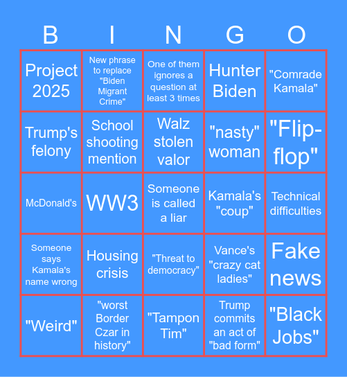 9/10/24 PREZ DEBATE Bingo Card