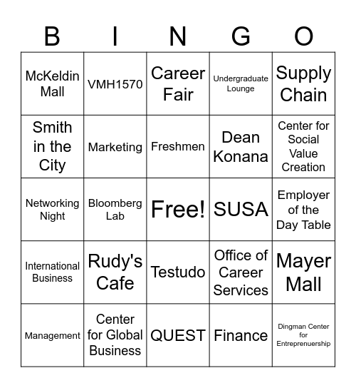 SmithStart Bingo Board - Freshmen Bingo Card