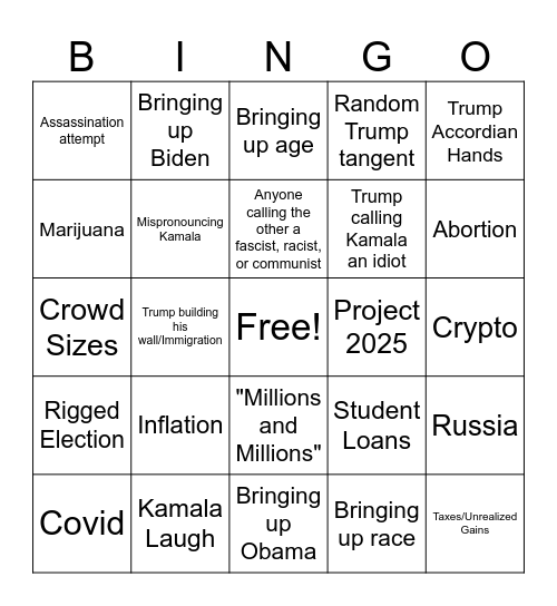 Debate Bingo Card