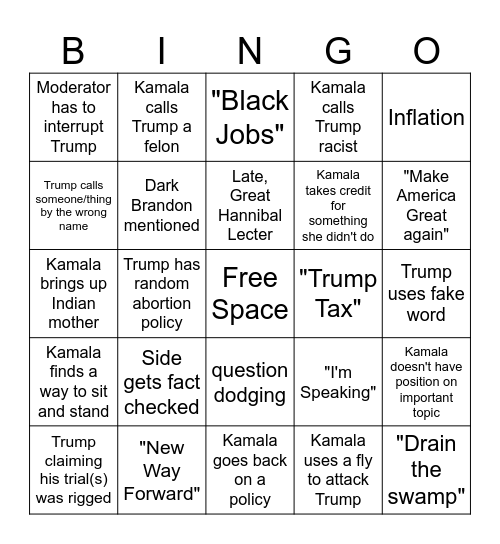 2024 Presidential Debate Bingo Card