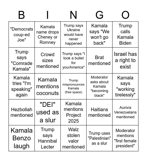 Trump x Kamala Debate Bingo Card