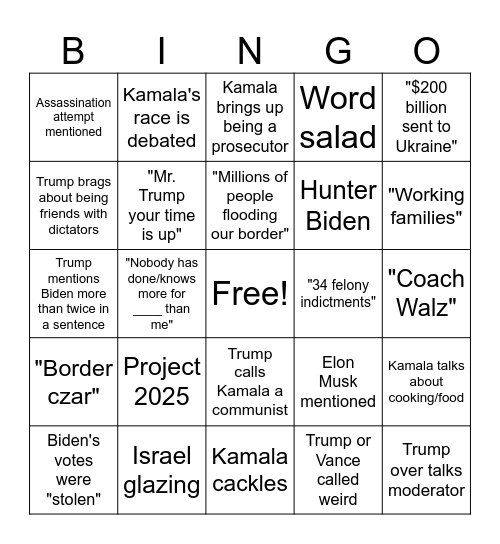 Trump vs Kamala Debate Bingo Card