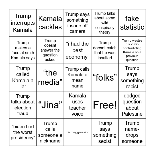 Trump v Kamala BINGO Card