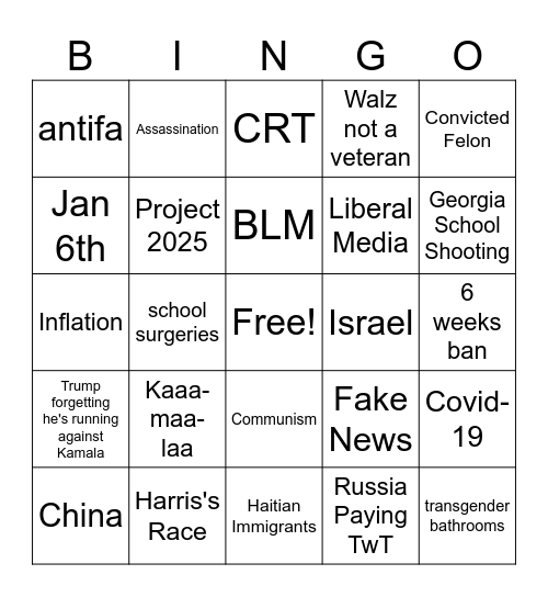 2024 2nd President Election Bingo Card