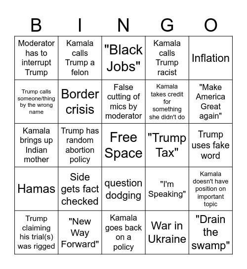 2024 Presidential Debate Bingo Card