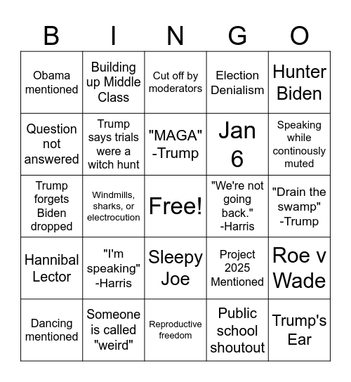 Debate Bingo 2024 Bingo Card