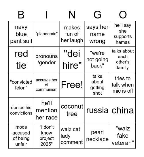 2024 Debate Bingo Card