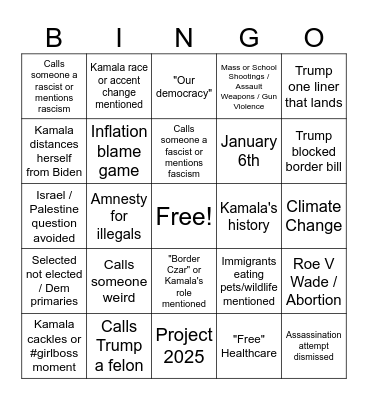 Trump-Harris Debate Bingo Card