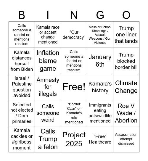 Trump-Harris Debate Bingo Card