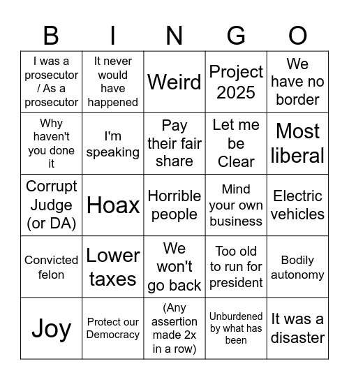 2024 Presidential Debate Bingo Card