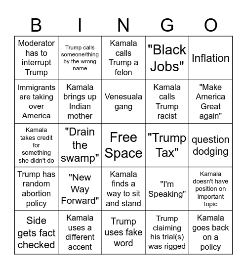 2024 Presidential Debate Bingo Card