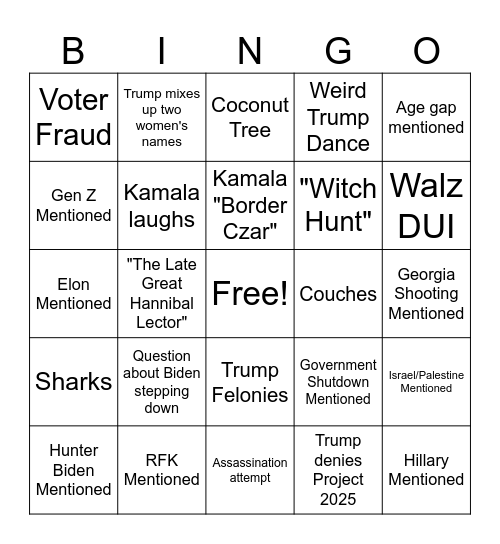 Harris v Trump Debate Bingo Card