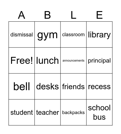 SCHOOL BINGO Card