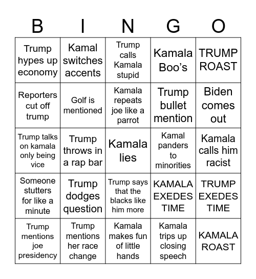 Trump v Kamla Bingo Card