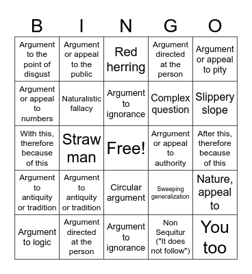 Debate Logical Fallacy BINGO Card