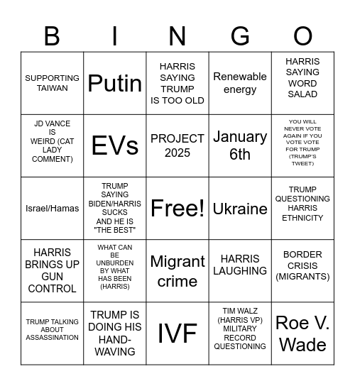 Debate night Bingo Card