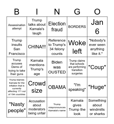September 10th Kamala Harris vs Donald Trump presidential debate Bingo Card