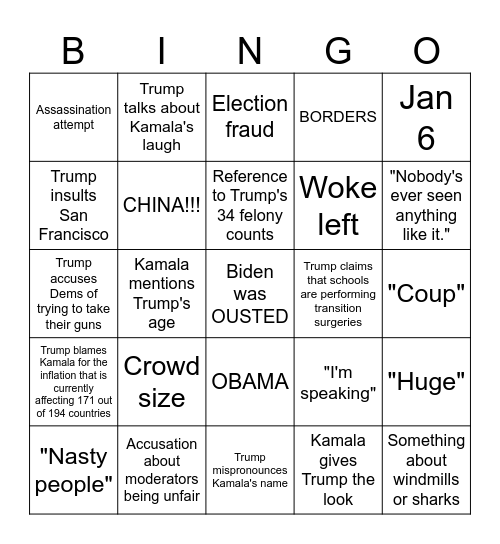 September 10th Kamala Harris vs Donald Trump presidential debate Bingo Card