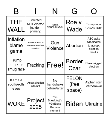 Trump vs Kamala Debate Bingo Card