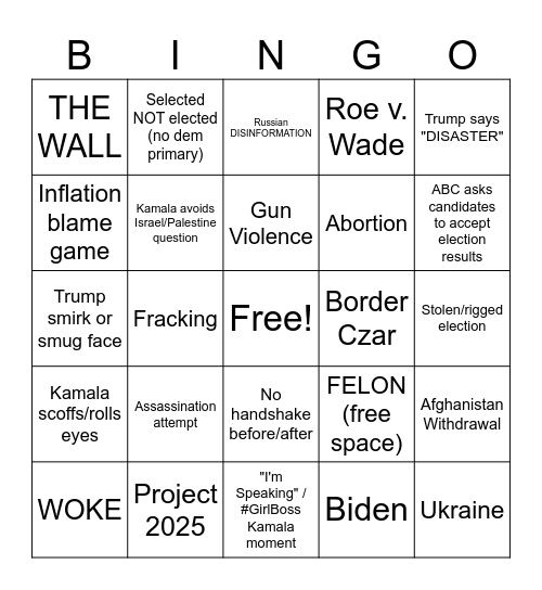 Trump vs Kamala Debate Bingo Card