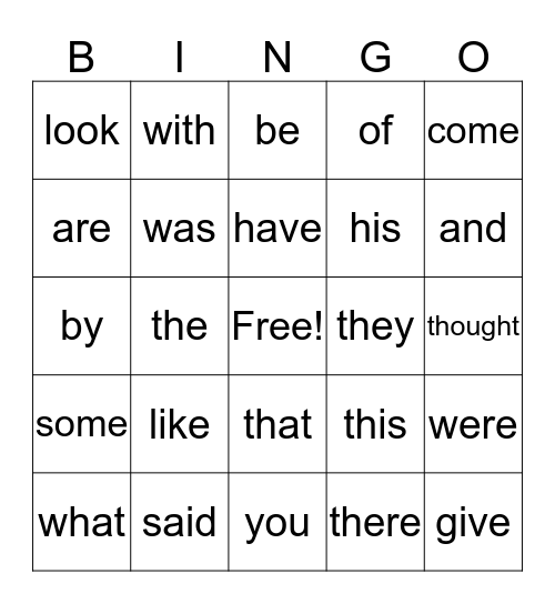 Sight Word Bingo Card