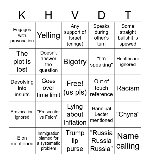 Harris v Trump Debate Bingo 2024 Bingo Card