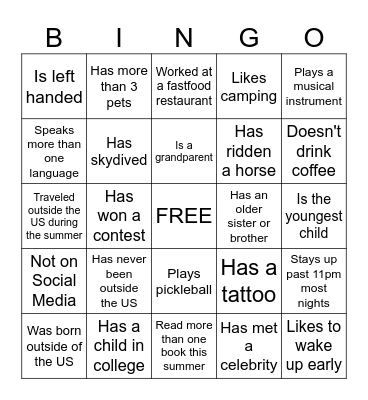 FAST FRIENDS Bingo Card