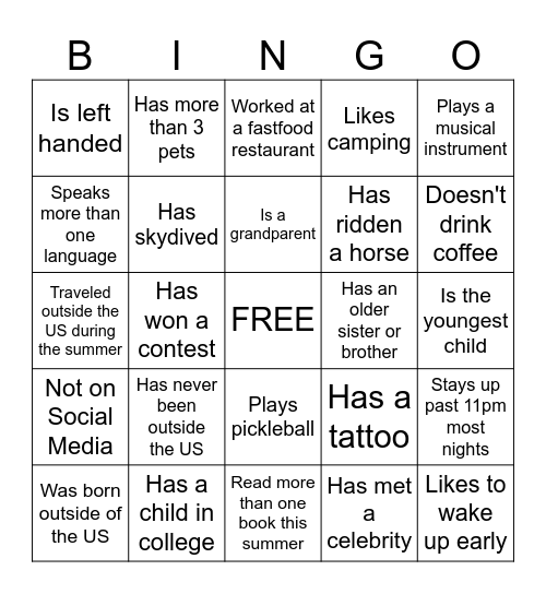 FAST FRIENDS Bingo Card