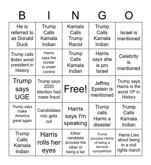 Presidential Debate Bingo Card