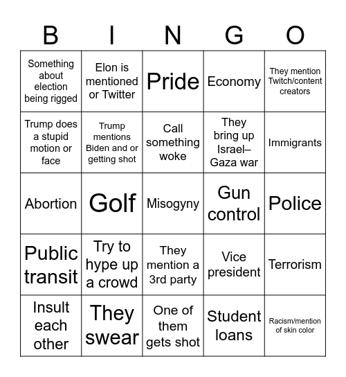 Harris v Trump Bingo Card