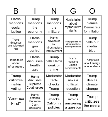 Harris - Trump Debate Bingo Card