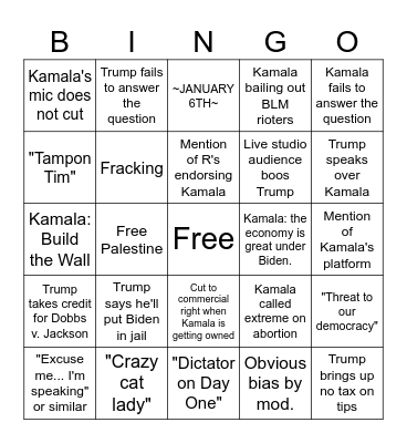 Trump v. Komrade Kamala Cage Match: Rd. 1 Bingo Card
