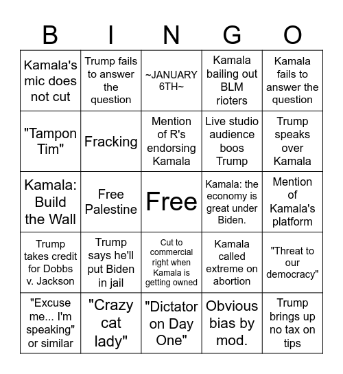 Trump v. Komrade Kamala Cage Match: Rd. 1 Bingo Card