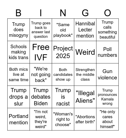 Harris-Trump Debate Bingo Card