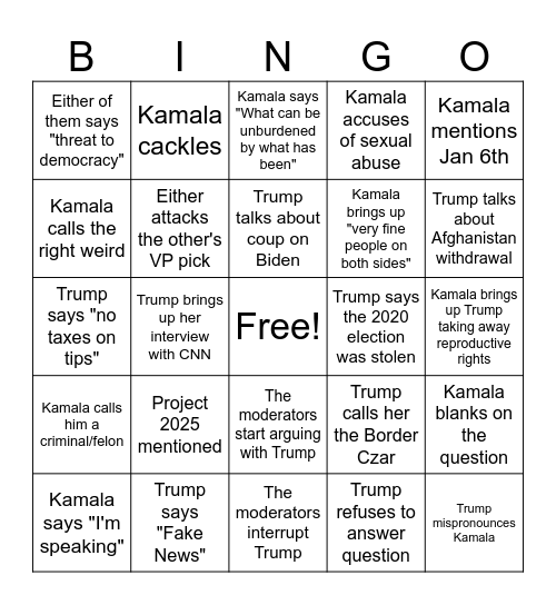 TRUMP VS KAMALA DEBATE Bingo Card