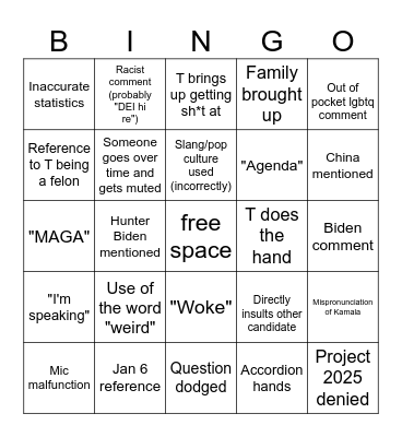 Debate Bingo Card