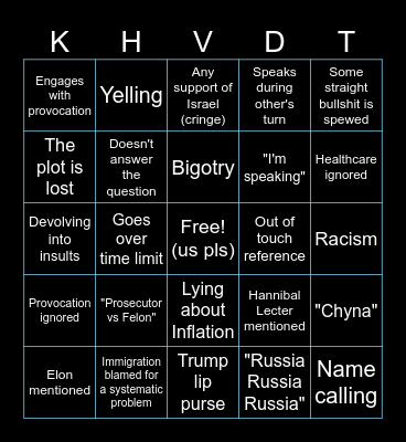 Harris v Trump Debate Bingo 2024 Bingo Card