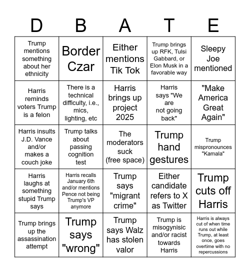 September 2024 Presidential Debate Bingo Card