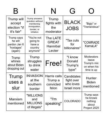 (Second) First Presidential Debate Bingo '24 Bingo Card