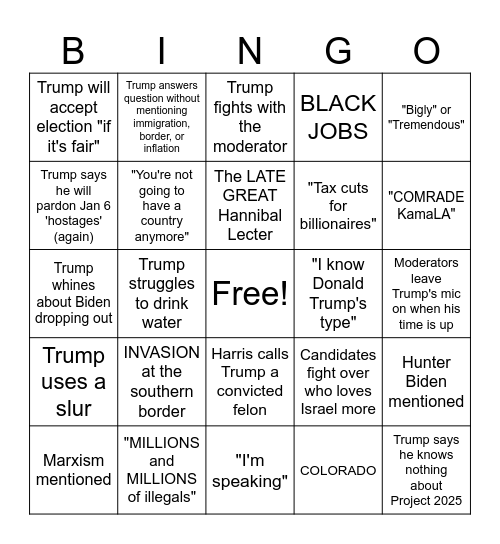 (Second) First Presidential Debate Bingo '24 Bingo Card