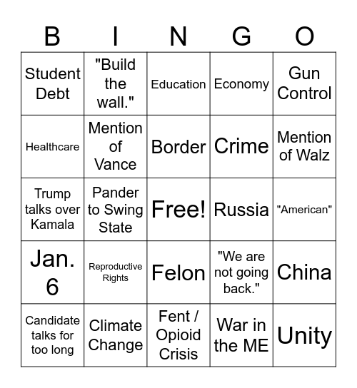 Trump Vs. Kamala Debate 1 Bingo Card