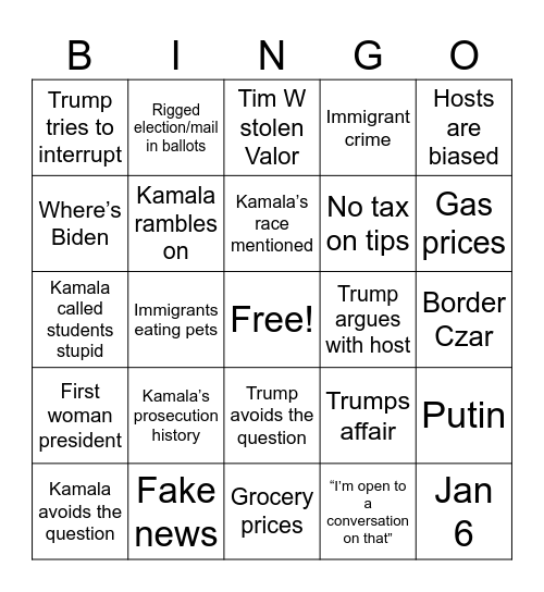 Trump Vs Kamala Debate 9-10-24 Bingo Card