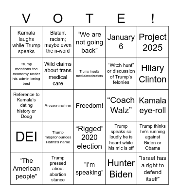 Debate 2024 Bingo Card