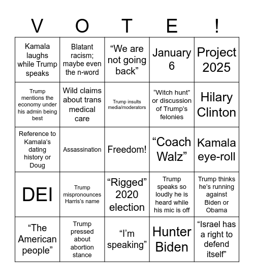 Debate 2024 Bingo Card