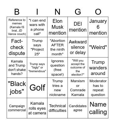 2024 Presidential Debate Bingo Card