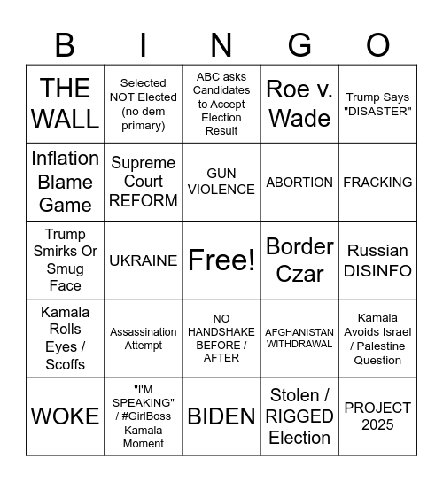DEBATE BINGO (Trump vs. Kamalo Bingo Card