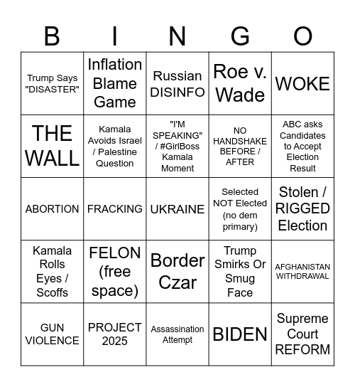 Debate Bingo (Trump vs. Kamala Edition) Bingo Card